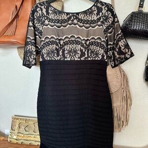 Adrianna Papell Black Sheath Midi Dress with Crew Neck and lace overlay